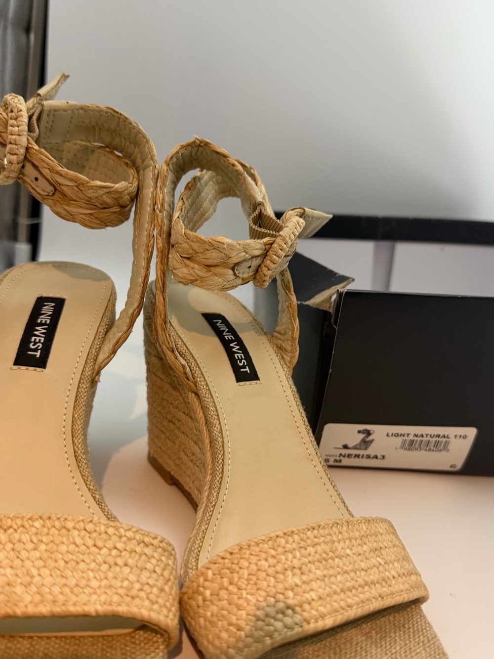 Nine West Light Natural Braided Ankle-Tie Wedge Sandals